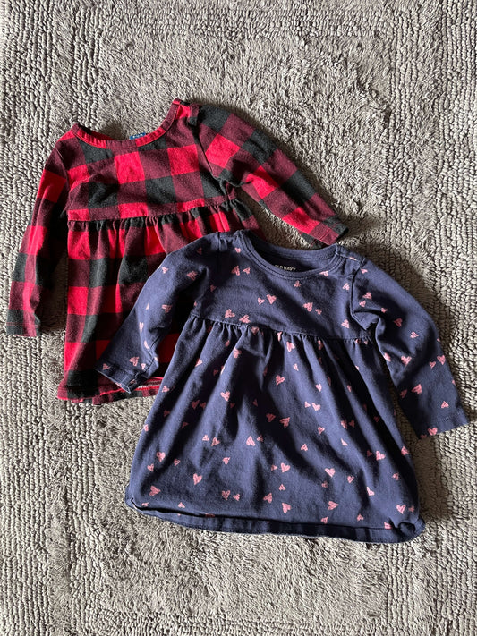 Set of 2 Old Navy 6-12M dresses- red checkers, blue with pink hearts, Kids 9 Month (6-9M)