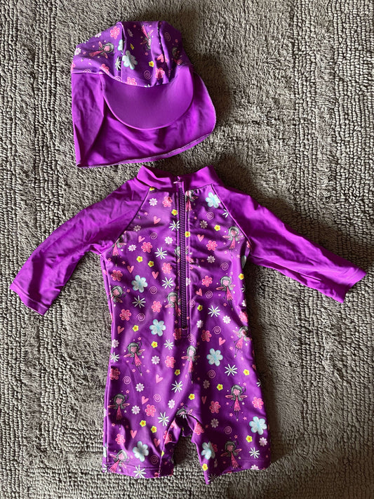 Up And Fast 6-9M swimsuit and hat- purple fairies , Kids 9 Month (6-9M)
