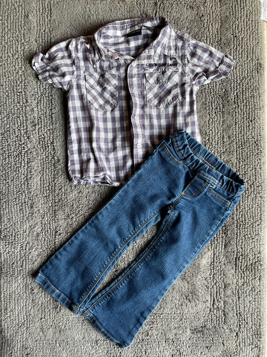 Stampede Outfit- purple checkered shirt and jeans size 2, Kids 2T