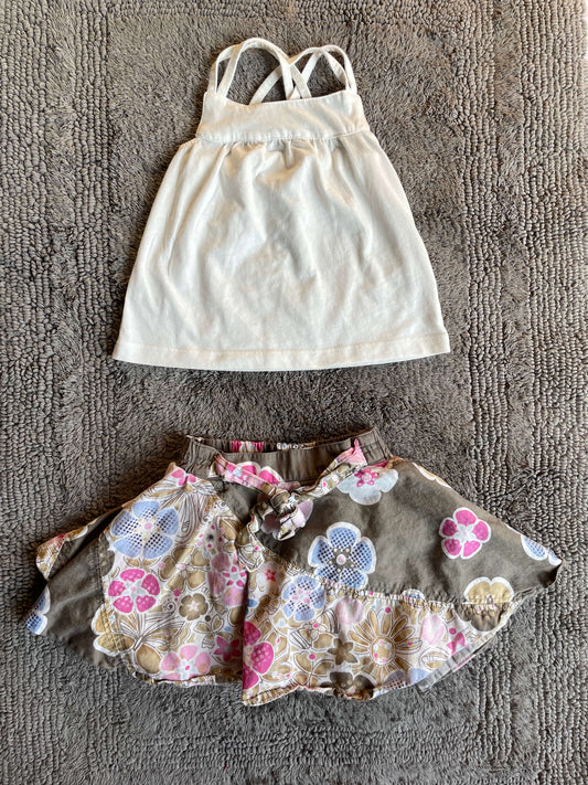 18M brown/pink floral skirt and white tank top, Kids 18 Month (12-18M)