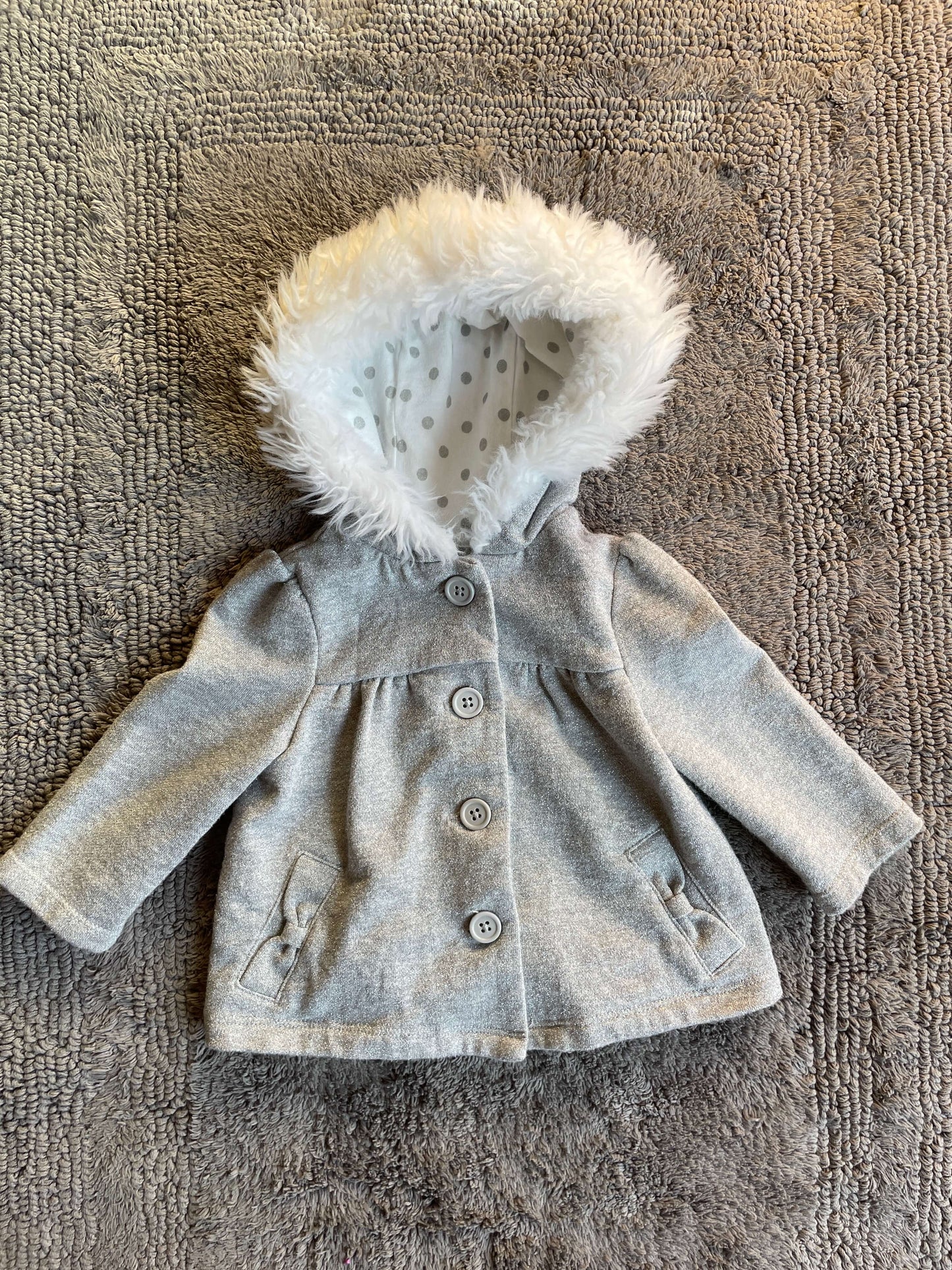 Gymboree 6-12M grey sparkly sweater with faux fur hood, Kids 9 Month (6-9M)