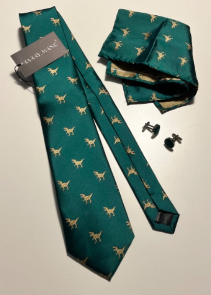 Barry Wang Silk Dinosaur Necktie, Pocket Square and Cufflinks