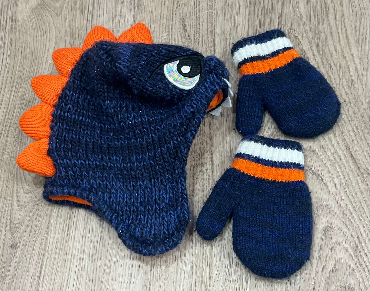 TCP, Dinosaur winter hat and mitts set, knit/fleece, size 6-12mos