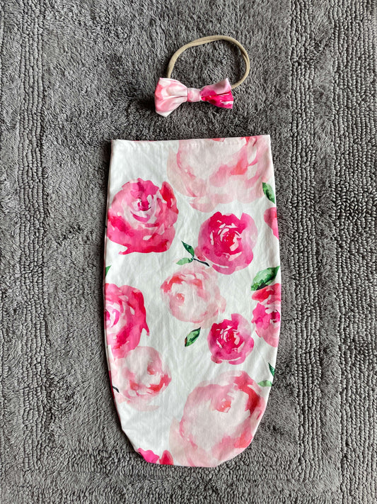 Pink floral newborn photoshoot sack and bow, Kids Newborn