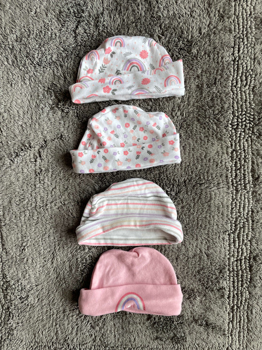 Set of 4 newborn hats- rainbows, flowers, stripes