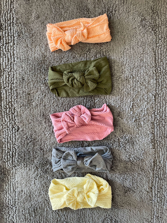 Bundle of 5 baby girl headband bows- pink, green, yellow, grey, orange