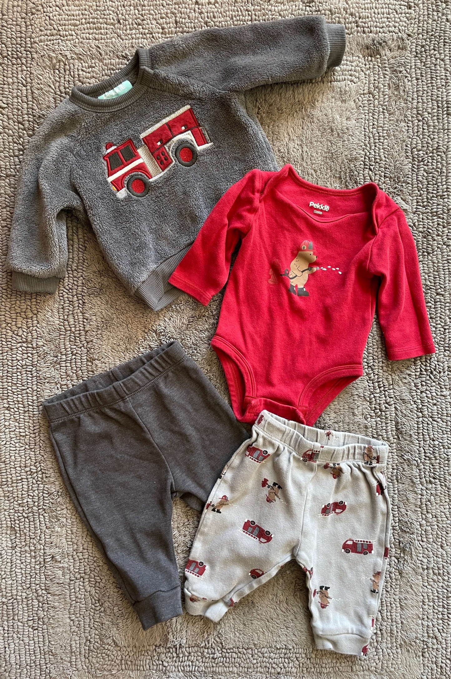 Pekkle boys 3M 4 piece set- firefighter bear, Kids 3 Month (0-3M)