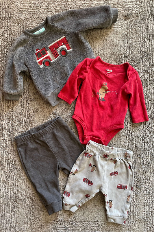 Pekkle boys 3M 4 piece set- firefighter bear, Kids 3 Month (0-3M)