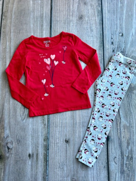 Osh Kosh/George size 5 girls holiday themed hearts top with leggings, Kids 5/5T (extra small)