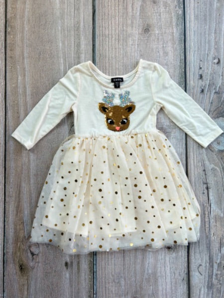 Zunie size 4T girls sequins appliqué deer dress with gold polka dots