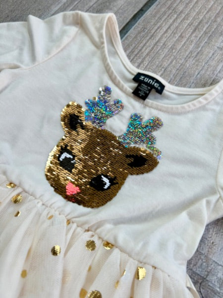 Zunie size 4T girls sequins appliqué deer dress with gold polka dots