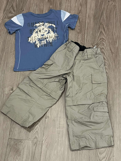 Boys Blue Guess ‘Lion’ T-shirt size 2T and Eddie Bauer Khaki Cargo Zip-off pants size XXS, VGUC, Kids 2T