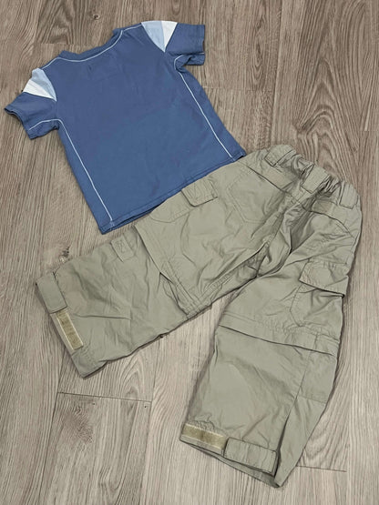 Boys Blue Guess ‘Lion’ T-shirt size 2T and Eddie Bauer Khaki Cargo Zip-off pants size XXS, VGUC, Kids 2T