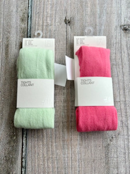 H&M size 2-4Y girls fine knit tights, 2 pairs, pink and mint green, new in package