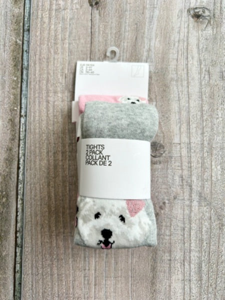 H&M size 2-4Y girls 2-pack soft knit tights, light pink and light grey with westie puppies, brand new in package