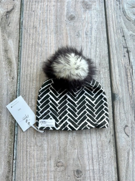 Small shop handcrafted baby (0-12mth) size pom pom hat, pom beanie, herringbone print, new with tags