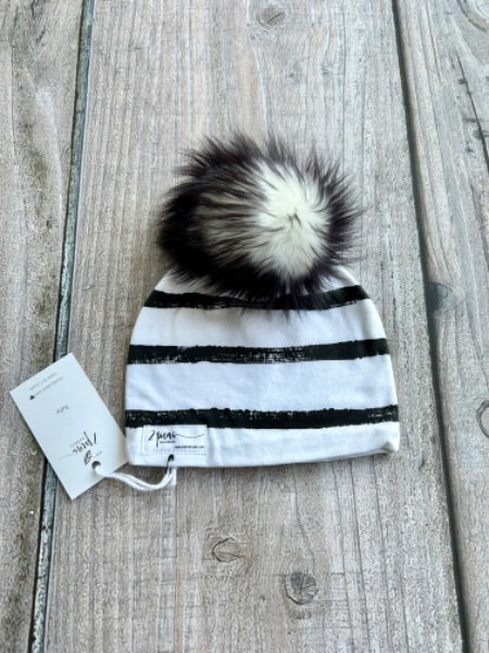 Small shop handcrafted baby size (0-12mth) pom pom hat, pom beanie, monochrome stripes, new with tags