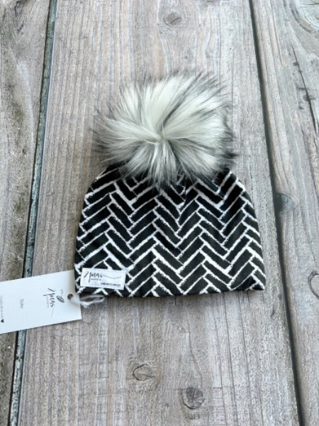 Small shop handcrafted baby size (0-12mth) pom pom hat, pom beanie, herringbone print, new with tags