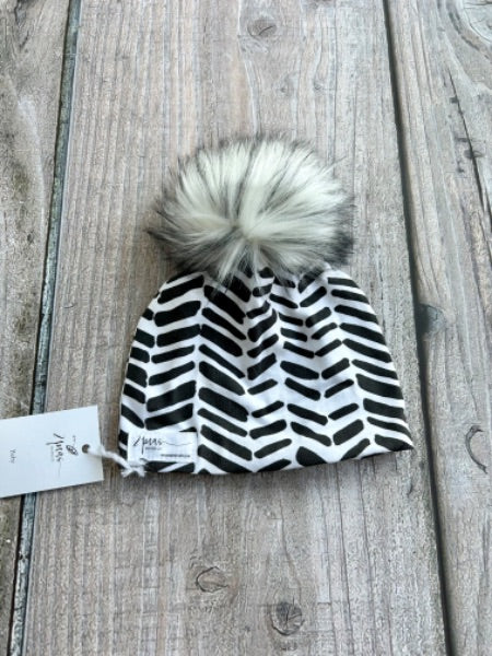 Small shop handcrafted baby size (0-12mth) pom pom hat, pom beanie, herringbone print, new with tags