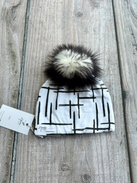 Small shop handcrafted baby size (0-12mth) pom pom hat, pom beanie, monochrome lines print, new with tags