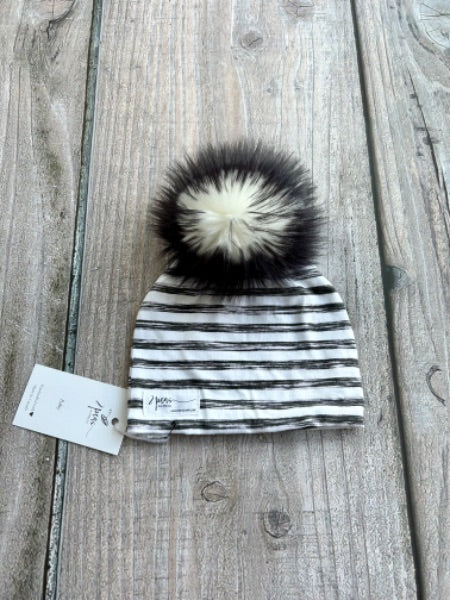 Small shop handcrafted baby size (0-12mth) pom pom hat, pom beanie, monochrome stripes, new with tags