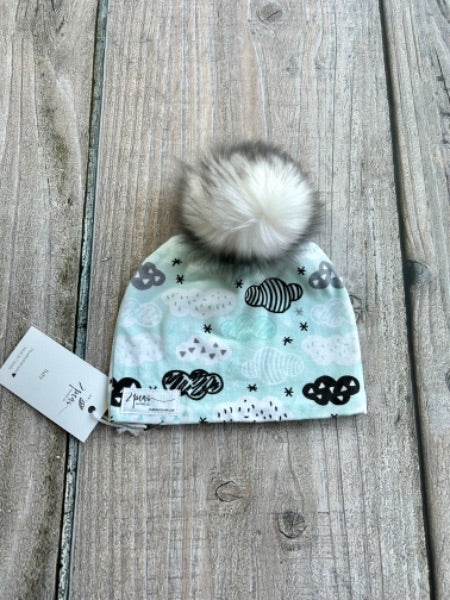 Small shop handcrafted baby size (0-12mth) pom pom hat, pom beanie, geo clouds print, new with tags