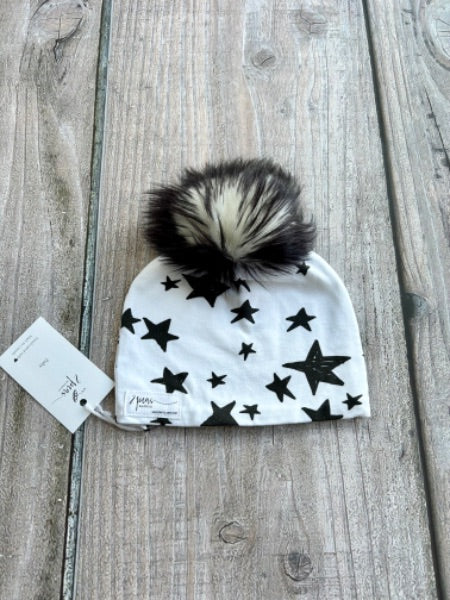 Small shop handcrafted baby size (0-12mth) pom pom hat, pom beanie, monochrome stars print, new with tags