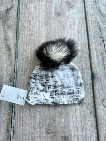 Small shop handcrafted baby size (0-12mth) pom pom hat, pom beanie, black-white wash print, new with tags