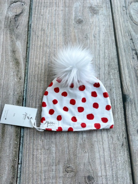 Small shop handcrafted baby size (0-12mth) pom pom hat, pom beanie, red holiday polka dots print, new with tags