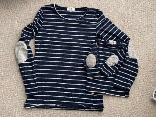 Juno Jack's - Matching Mom and Baby set - Navy and white stripe shirts with grey elbow patches, Kids 9 Month (6-9M)