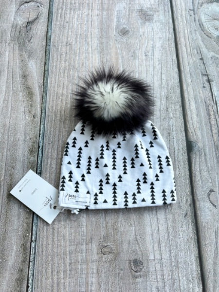 Small shop handcrafted toddler size (1-5yrs) pom pom hat, pom beanie, monochrome arrows print, new with tags