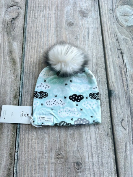 Small shop handcrafted toddler size (1-5yrs) pom pom hat, pom beanie, geo clouds print, new with tags