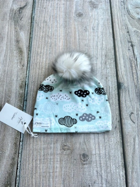 Small shop handcrafted toddler size (1-5yrs) pom pom hat, pom beanie, geo clouds print, new with tags