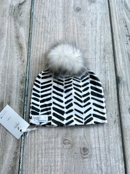 Small shop handcrafted toddler size (1-5yrs) pom pom hat, pom beanie, herringbone print, new with tags