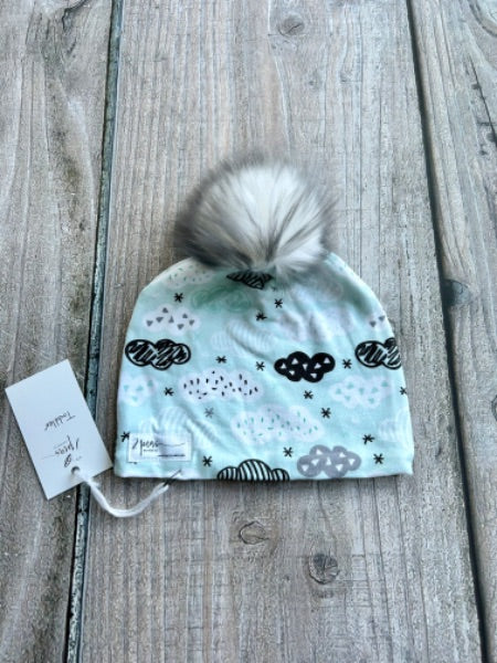 Small shop handcrafted toddler size (1-5yrs) pom pom hat, pom beanie, geo clouds print, new with tags