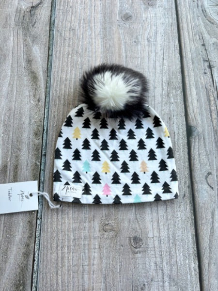 Small shop handcrafted toddler size (1-5yrs) pom pom hat, pom beanie, monochrome colour block pine trees print, new with tags