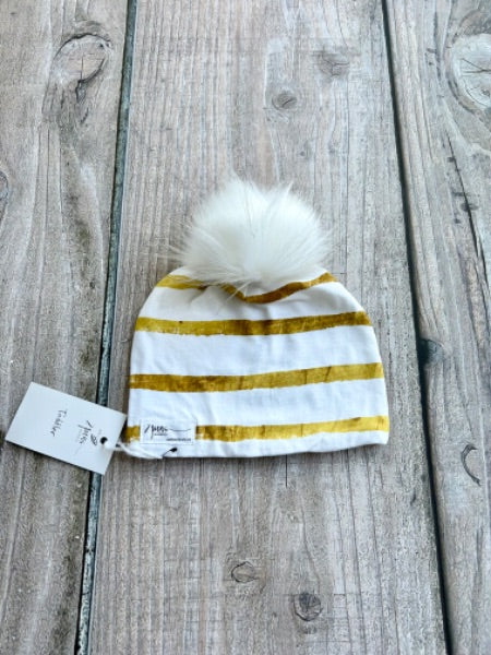 Small shop handcrafted toddler size (1-5yrs) pom pom hat, pom beanie, gold white stripes print, new with tags