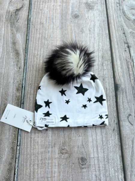 Small shop handcrafted toddler size (1-5yrs) pom pom hat, pom beanie, monochrome stars print, new with tags