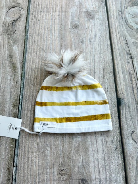 Small shop handcrafted toddler size (1-5yrs) pom pom hat, pom beanie, gold white stripes print, new with tags