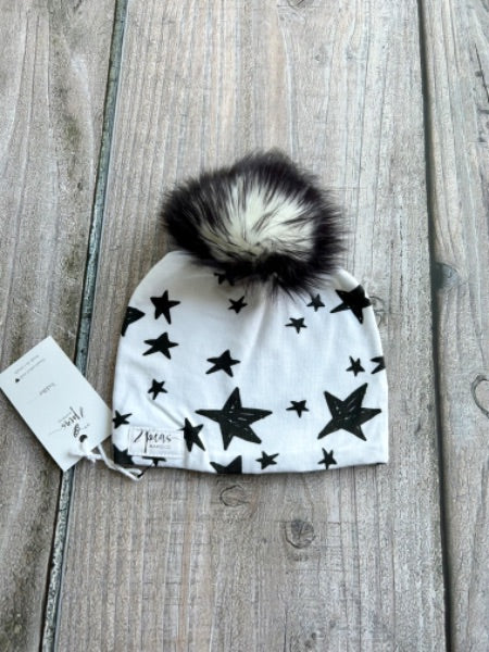 Small shop handcrafted toddler size (1-5yrs) pom pom hat, pom beanie, monochrome stars print, new with tags