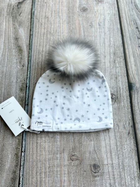 Small shop handcrafted toddler size (1-5yrs) pom pom hat, pom beanie, grey white stars and moon print, new with tags