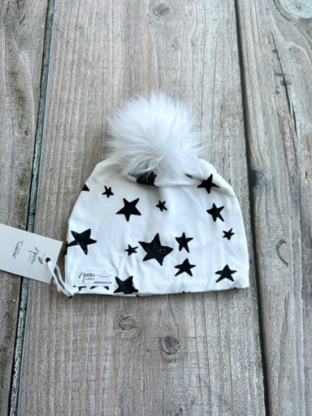 Small shop handcrafted toddler size (1-5yrs) pom pom hat, pom beanie, monochrome stars print, new with tags