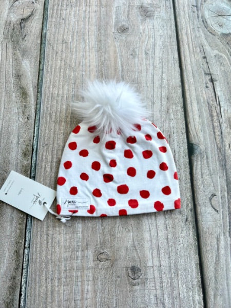 Small shop handcrafted toddler size (1-5yrs) pom pom hat, pom beanie, red holiday polka dots print, new with tags