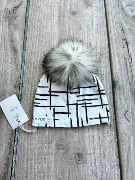 Small shop handcrafted toddler size (1-5yrs) pom pom hat, pom beanie, monochrome lines print, new with tags