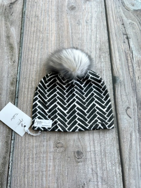 Small shop handcrafted toddler size (1-5yrs) pom pom hat, pom beanie, herringbone print, new with tags