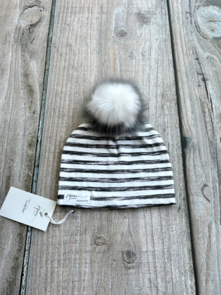 Small shop handcrafted toddler size (1-5yrs) pom pom hat, pom beanie, monochrome stripes print, new with tags