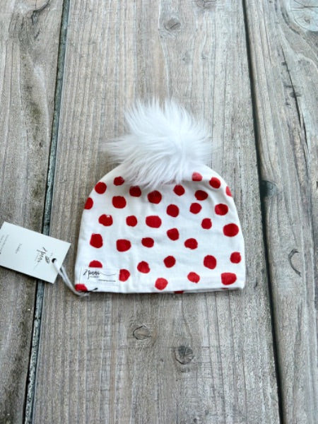 Small shop handcrafted toddler size (1-5yrs) pom pom hat, pom beanie, red holiday polka dots print, new with tags