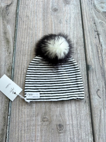 Small shop handcrafted toddler size (1-5yrs) pom pom hat, pom beanie, monochrome stripes print, new with tags