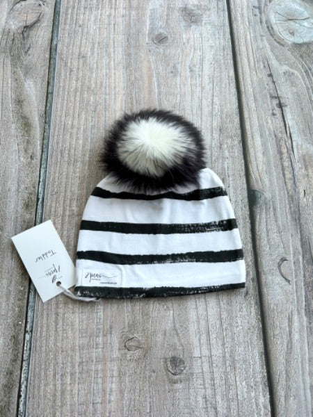 Small shop handcrafted toddler size (1-5yrs) pom pom hat, pom beanie, monochrome stripes print, new with tags