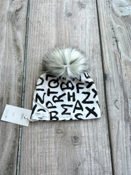 Small shop handcrafted toddler size (1-5yrs) pom pom hat, pom beanie, monochrome alphabet print, new with tags